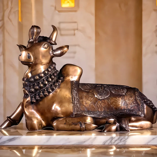 Brassaura™ Pure Brass Nandi Statue with Vasuki Naga | Handcrafted Traditional Sculpture | Weight 17.53 Kgs | Height 17.5 Inches