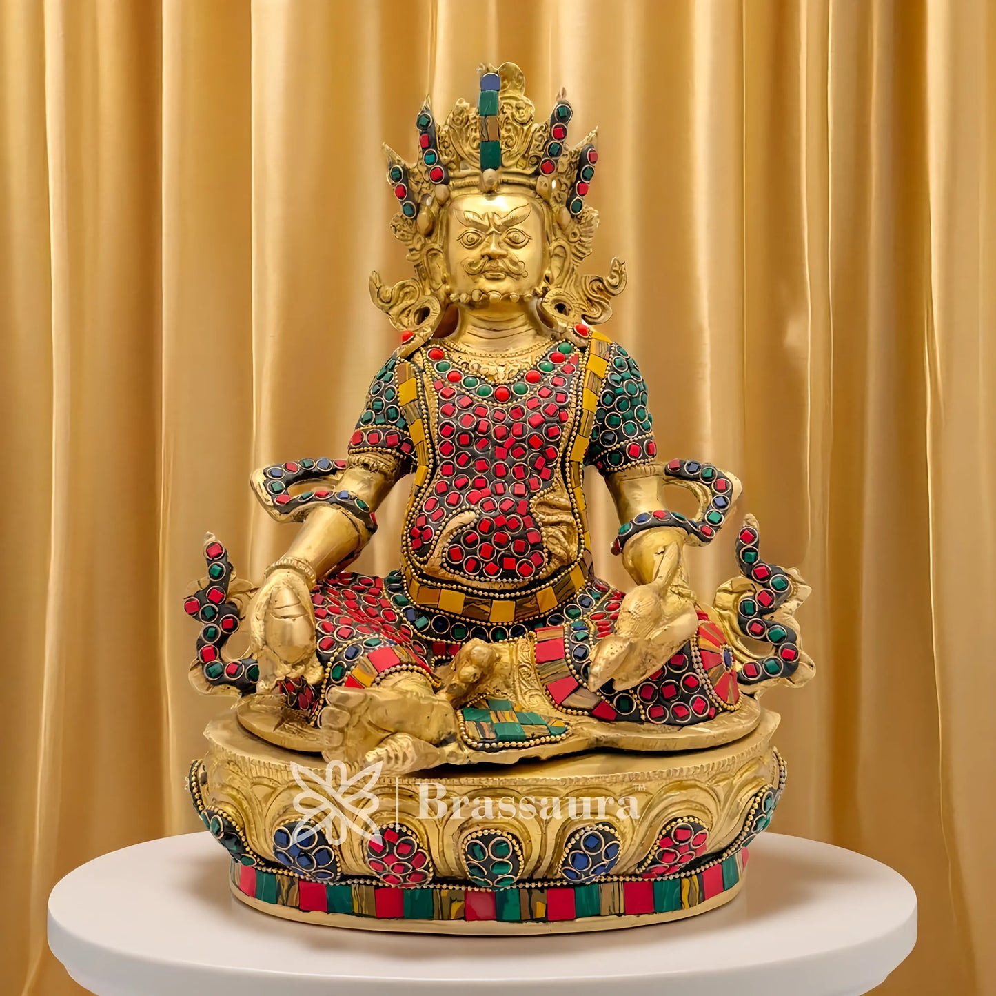 Brassaura™ Brass Gem Stone Work Kuber Idol – Height 12.4 Inches & Weight 5 Kgs | Vedic Home Altar Décor