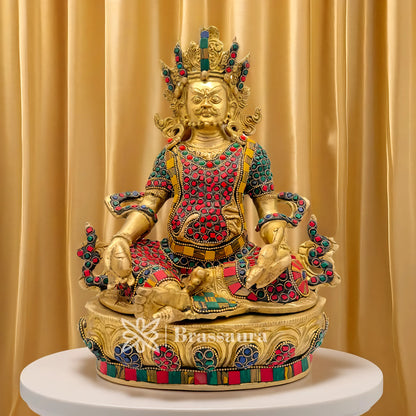 Brassaura™ Brass Gem Stone Work Kuber Idol – Height 12.4 Inches & Weight 5 Kgs | Vedic Home Altar Décor