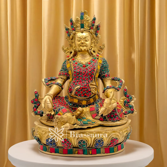 Brassaura™ Brass Gem Stone Work Kuber Idol – Height 12.4 Inches & Weight 5 Kgs | Vedic Home Altar Décor