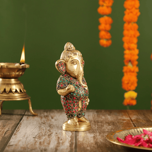 Brassaura™ Brass Baby Ganesha Statue with Modak and Stonework | Height 7 Inches & Weight 1.25 Kgs