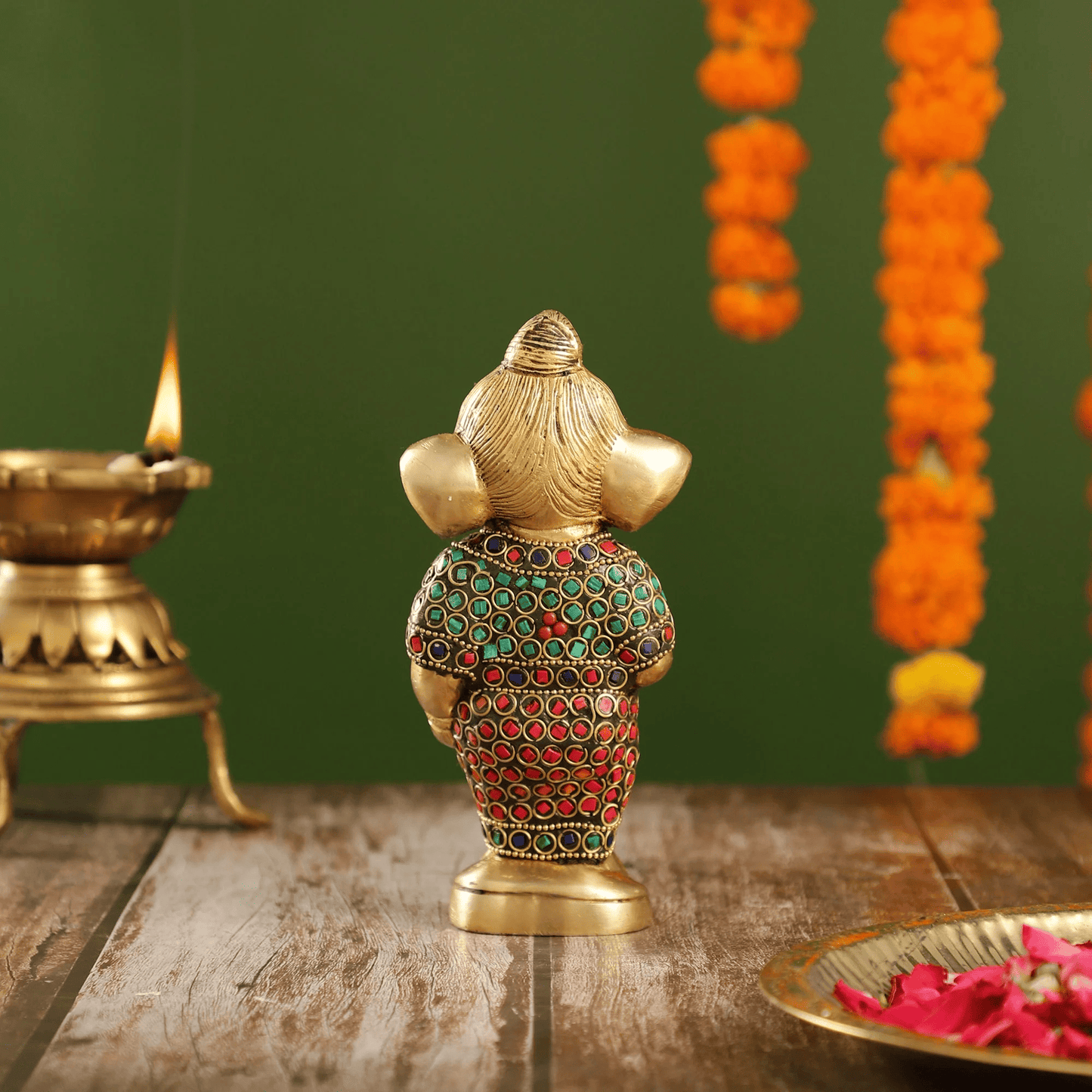 Brassaura™ Brass Baby Ganesha Statue with Modak and Stonework | Height 7 Inches & Weight 1.25 Kgs