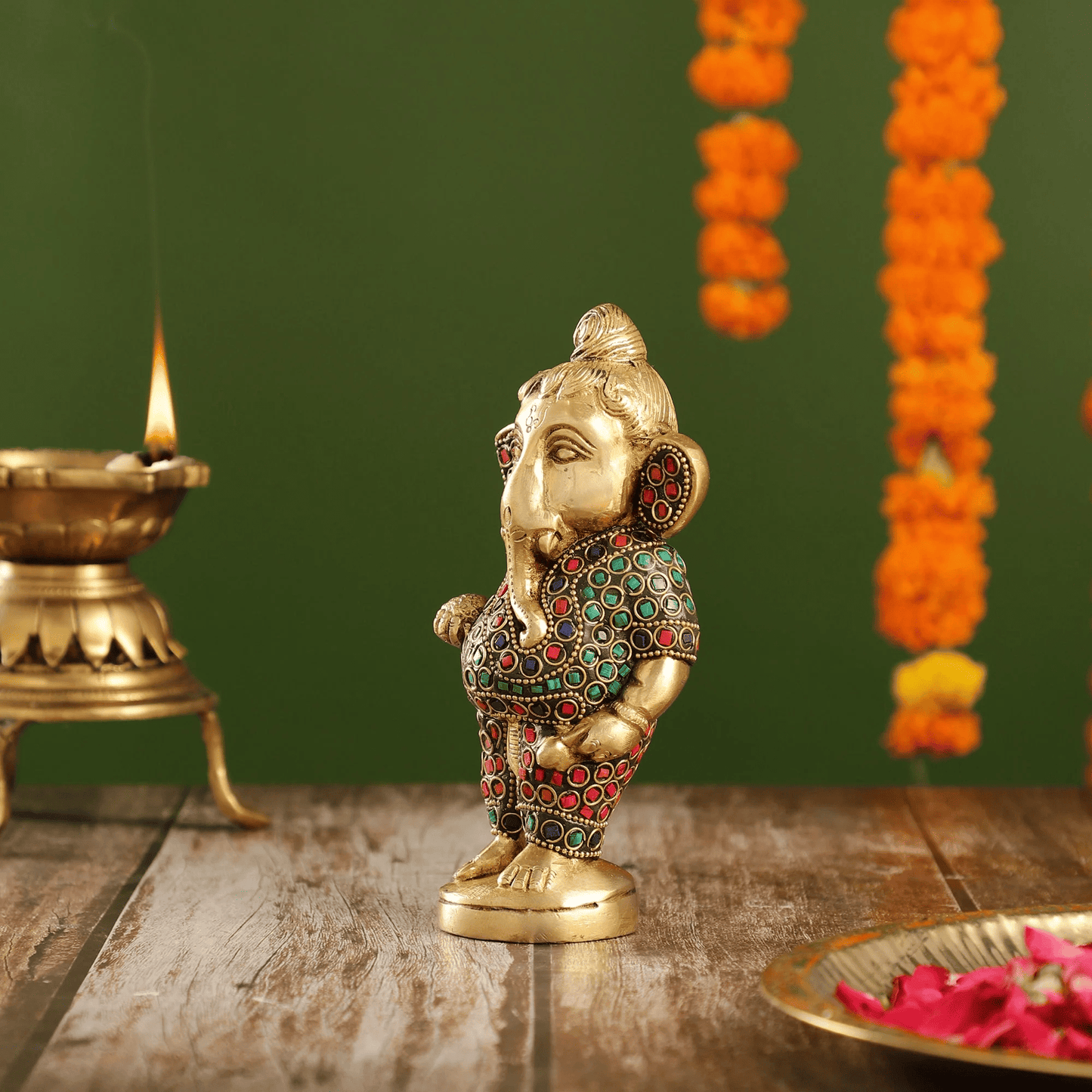 Brassaura™ Brass Baby Ganesha Statue with Modak and Stonework | Height 7 Inches & Weight 1.25 Kgs