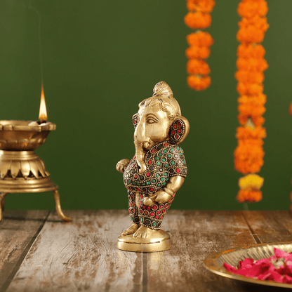 Brassaura™ Brass Baby Ganesha Statue with Modak and Stonework | Height 7 Inches & Weight 1.25 Kgs