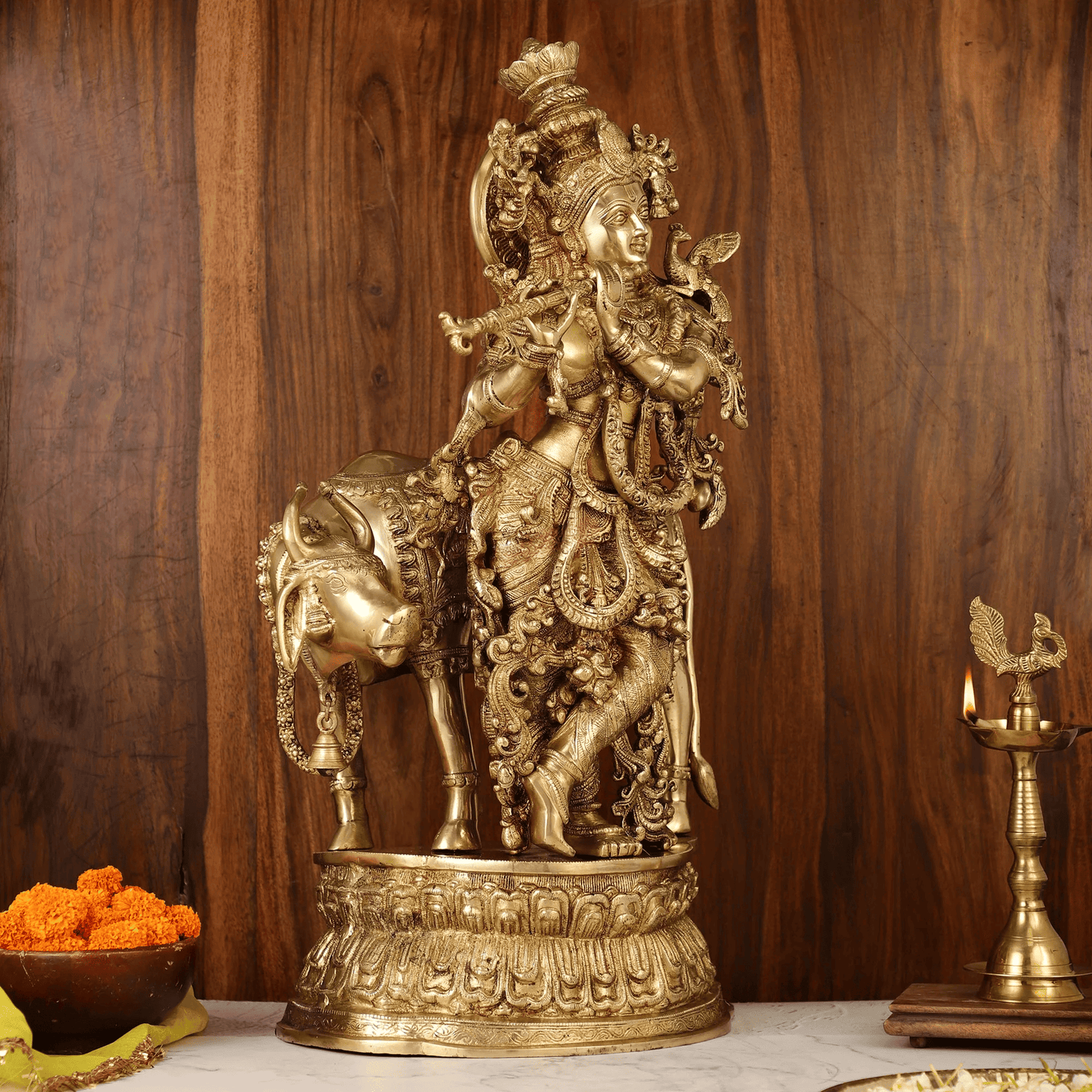 Brassaura™ Lord Krishna with Cow | Pure Brass Idol | Height 28 Inches & Weight 31.62 Kgs