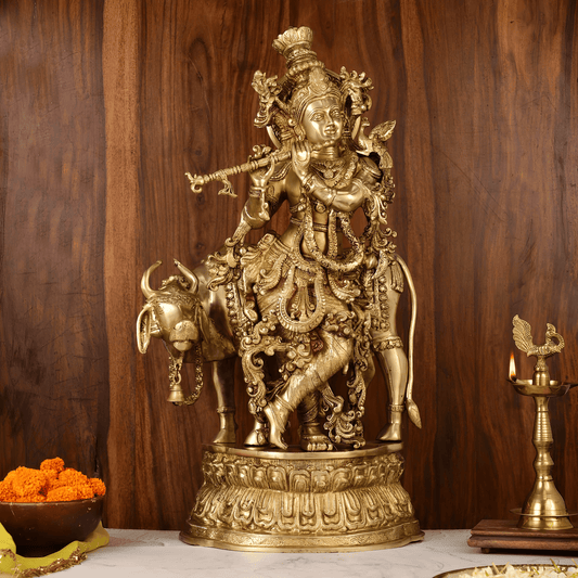 Brassaura™ Lord Krishna with Cow | Pure Brass Idol | Height 28 Inches & Weight 31.62 Kgs