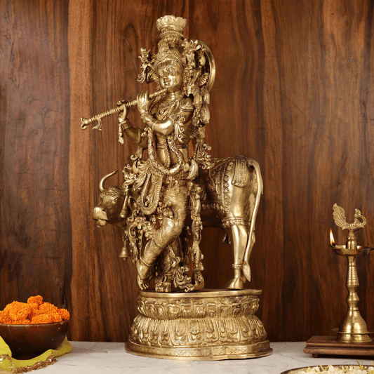Brassaura™ Lord Krishna with Cow | Pure Brass Idol | Height 28 Inches & Weight 31.62 Kgs