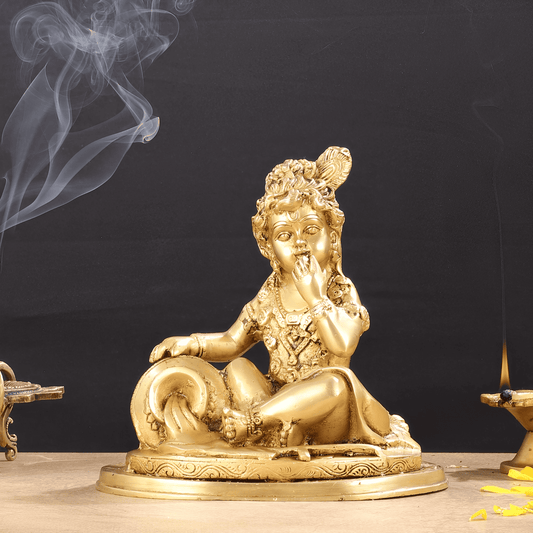 Brassaura™ Baby Krishna as Makhan Chor | Pure Brass Idol | Height 8 Inches & Weight 3.5 Kgs