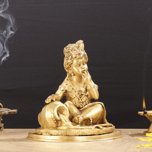 Brassaura™ Baby Krishna as Makhan Chor | Pure Brass Idol | Height 8 Inches & Weight 3.5 Kgs