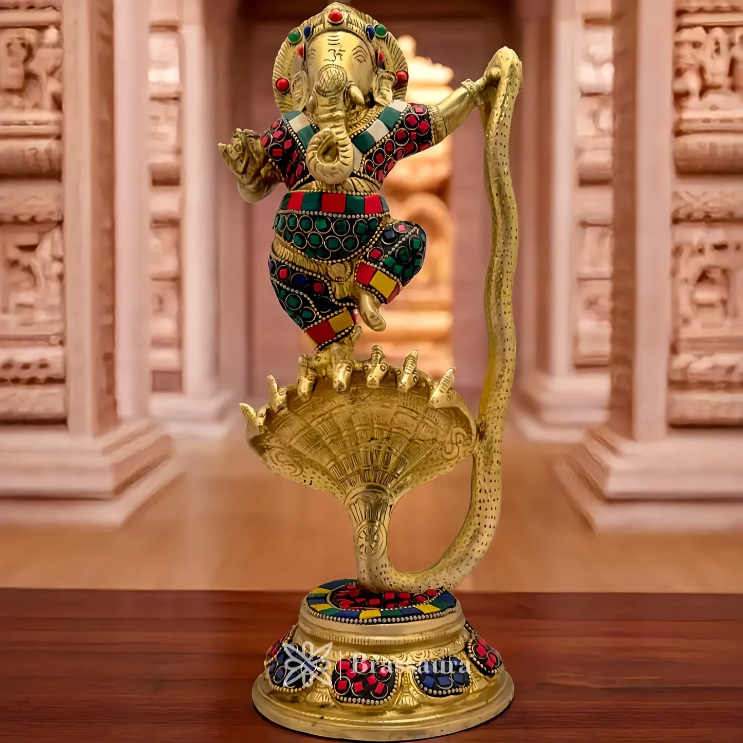 Brassaura™ Brass Gem Stone Work Dancing Ganesha Idol for Home and Decor | Weight 3 Kgs | Height 11.81 Inches