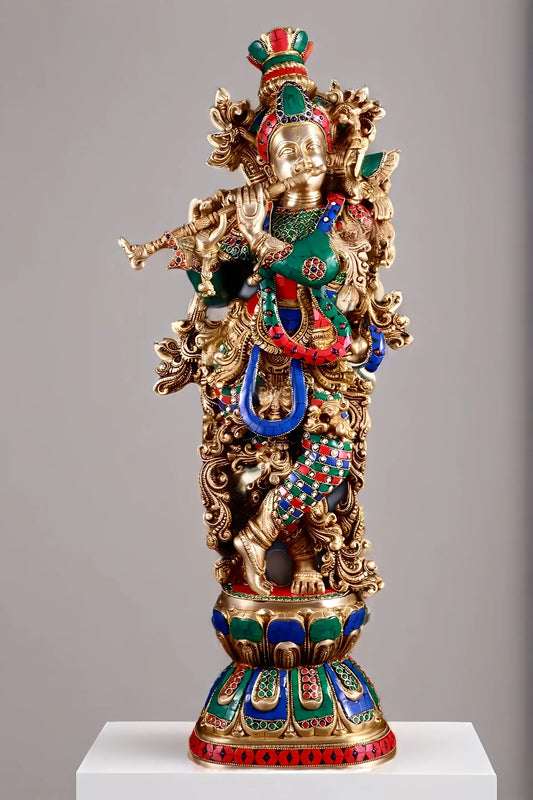 Brassaura™ Brass Krishna Playing Flute Statue with Stonework – Height 29 Inches & Weight 20 Kgs