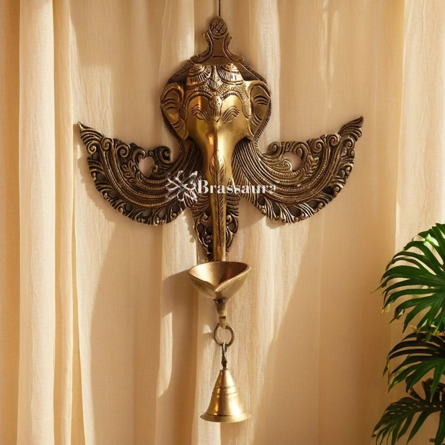 Brassaura™ Brass Ganesha Diya Statue – Height 11 Inches & Weight 1.3 Kgs | Spiritual Home Décor