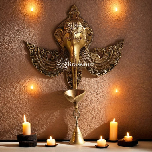 Brassaura™ Brass Ganesha Diya Statue – Height 11 Inches & Weight 1.3 Kgs | Spiritual Home Décor