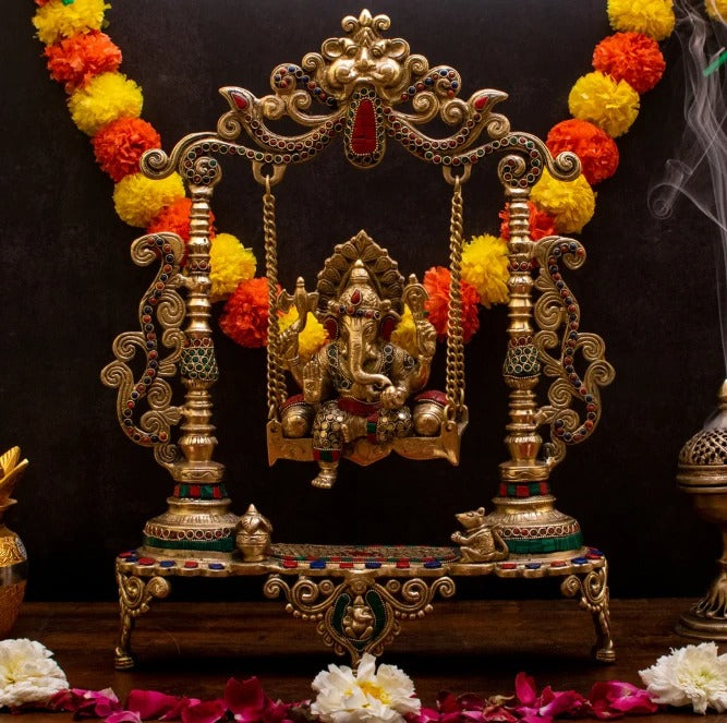 Brassaura™ Brass Gem Stone Work Ganesha Jhula Idol for Home and Decor | Weight 7.6 Kgs | Height 18.5 Inches