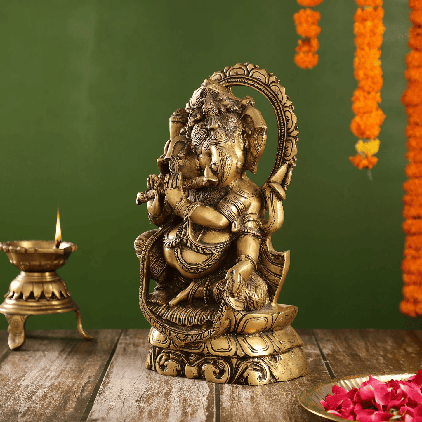 Brassaura™ Brass Ganesha Playing Flute with Antique Finish | Height 13 Inches & Weight 7.5 Kgs