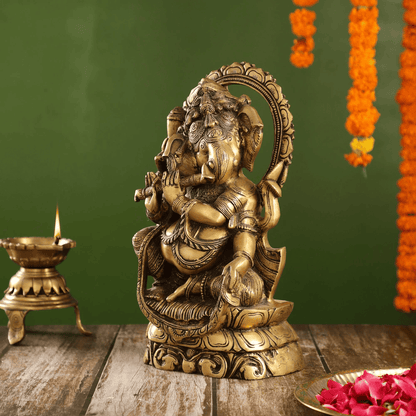 Brassaura™ Brass Ganesha Playing Flute with Antique Finish | Height 13 Inches & Weight 7.5 Kgs