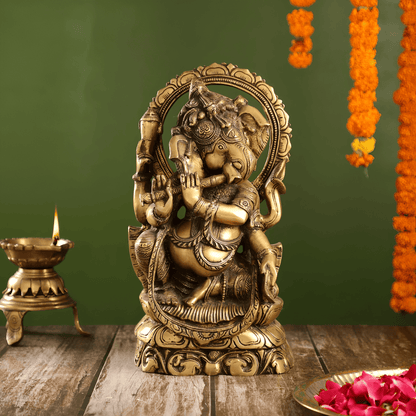 Brassaura™ Brass Ganesha Playing Flute with Antique Finish | Height 13 Inches & Weight 7.5 Kgs