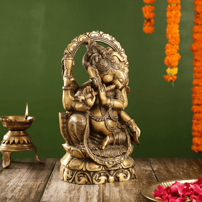 Brassaura™ Brass Ganesha Playing Flute with Antique Finish | Height 13 Inches & Weight 7.5 Kgs