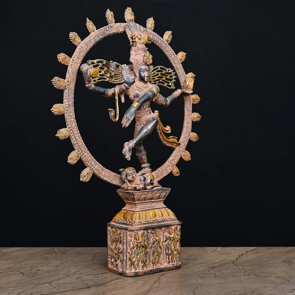 ब्रासोरा® वृंदावन वेणुगोपाल कृष्ण पीतल की प्रतिमा मोर के साथ | एंटीक नीला और सुनहरा रंग | ऊँचाई 20 इंच