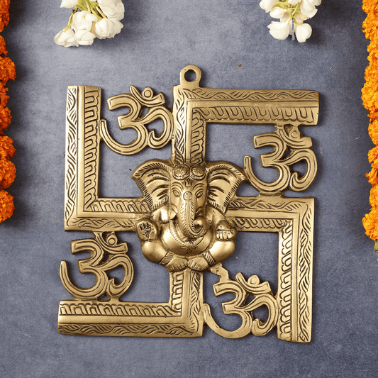 Brassaura™ Brass Swastik Ganesha Wall Hanging with OM Symbols | Height 8.5 Inches & Weight 1.5 Kgs