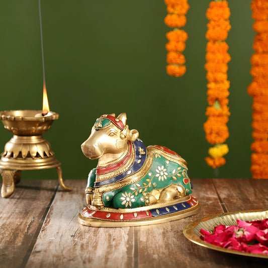 Brassaura™ Brass Nandi Statue with Natural Stones – Height 6 Inches | Traditional Temple Idol