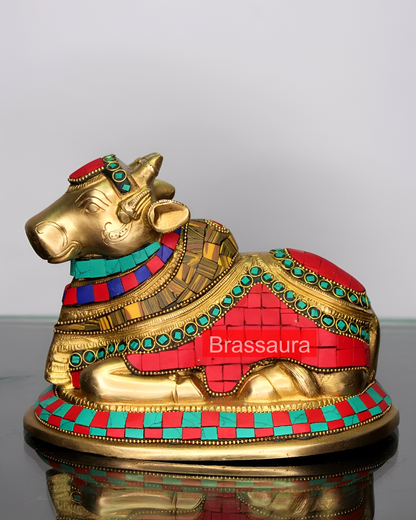 Brassaura™ Brass Nandi Statue with Colorful Natural Stones – Height 6 Inches & Weight 1.8 Kgs | Traditional Temple Idol