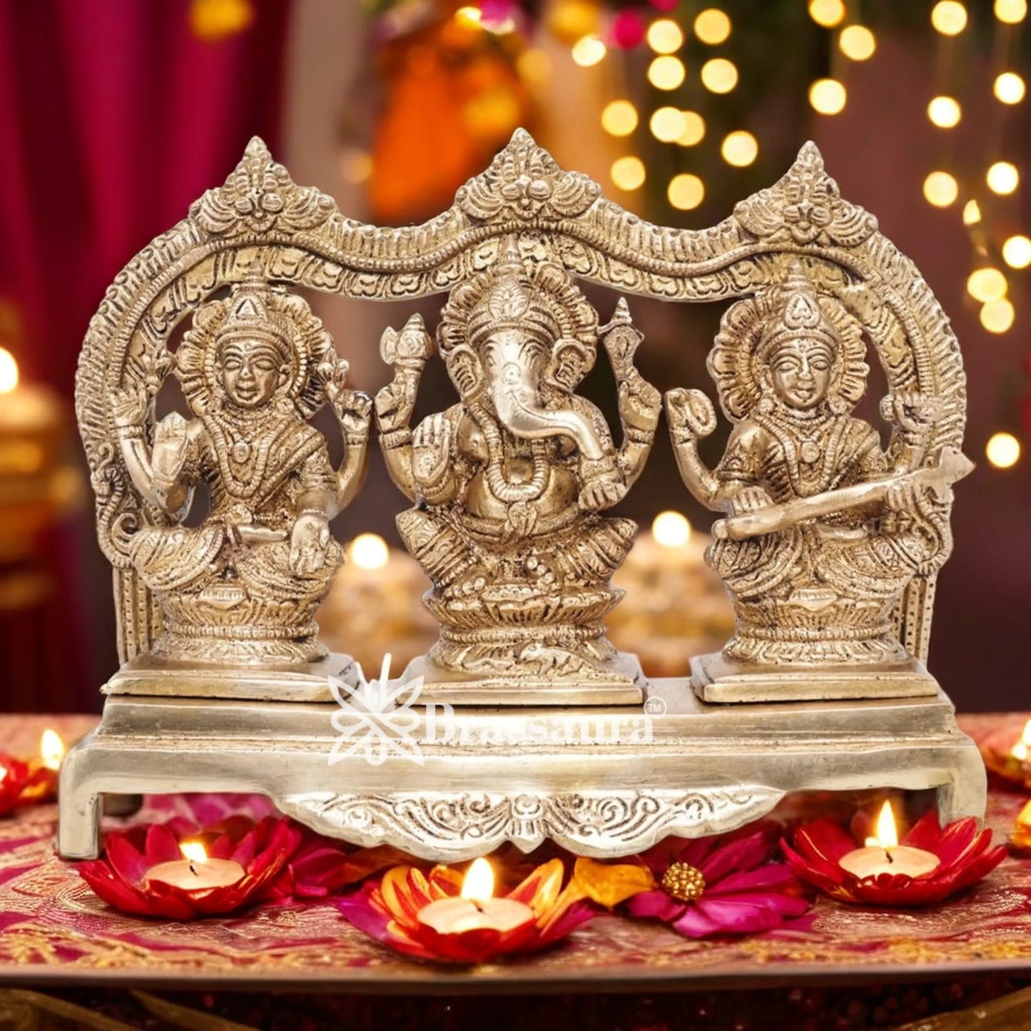 Brassaura™ Artistic Brass Laxmi Ganesha Saraswati Idol – Height 7 Inches & Weight 3.8 Kgs | Spiritual Home Décor