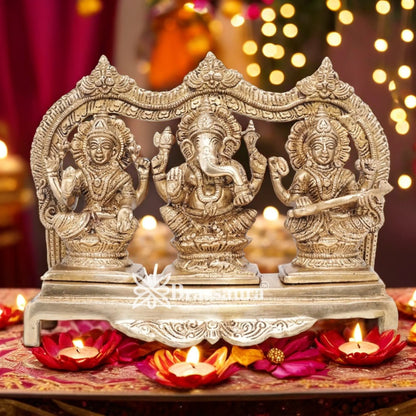 Brassaura™ Artistic Brass Laxmi Ganesha Saraswati Idol – Height 7 Inches & Weight 3.8 Kgs | Spiritual Home Décor