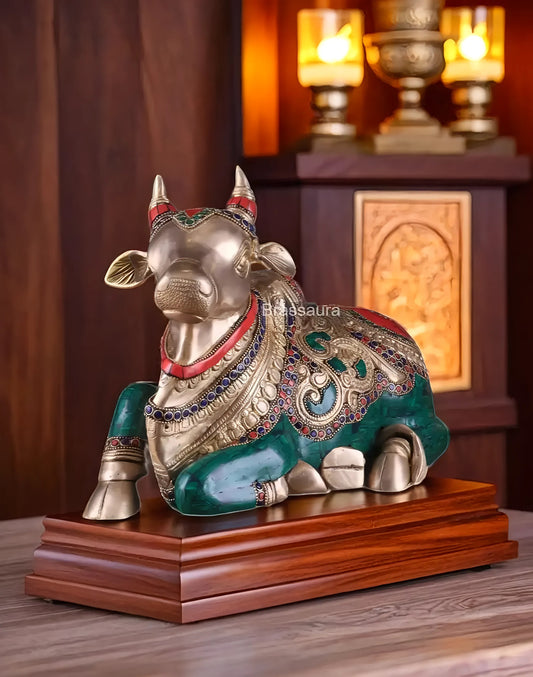Brassaura™ Superfine Brass Sitting Nandi Statue with Stonework – Height 10" & Weight 10 Kgs | Home & Temple Décor
