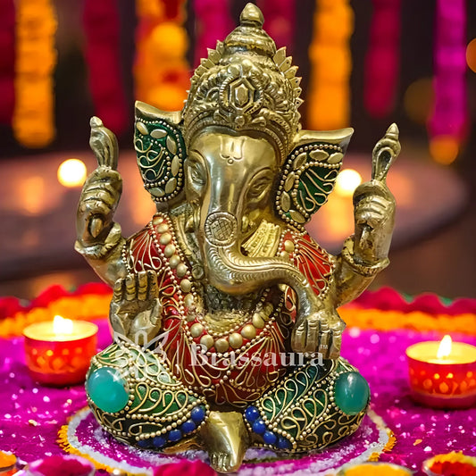 Brassaura™ Brass Gem Stone Work Ganesha Idol for Home and Decor | Weight 1.7 Kgs | Height 6 Inches