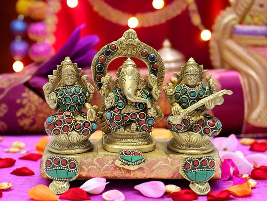 Brassaura™ Artistic Brass Gemstone Laxmi Ganesha Saraswati Statue – Height 7.6 Inches & Weight 1.35 Kgs | Puja Room Idol
