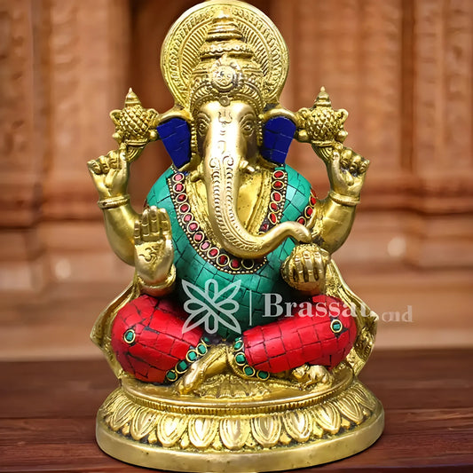Brassaura™ Brass Gem Stone Work Ganesha Idol for Home and Decor | Weight 2.9 Kgs | Height 8.5 Inches