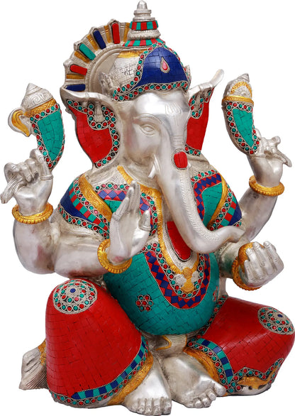 Brassaura™ Silver Finish Ganesha with Meenakari Inlay | Height 20 Inches & Weight 22.60 kgs