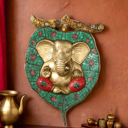Brassaura™ Brass Ganesha on Leaf Wall Hanging | Handcrafted Fine Brass Art | Height 13 Inches & Weight 3 Kgs