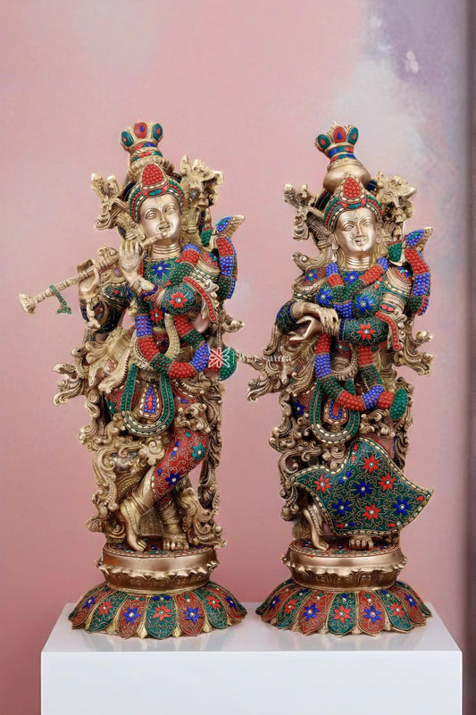 Brassaura™ Pure Brass Radha Krishna Statue with Triple-Layered Meenakari – Height 27 Inches & Weight 40 Kgs | Majestic Devotional Idol