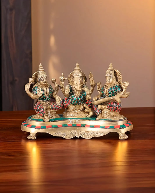 Brass Gem Stone Work Laxmi Ganesha Saraswati Murti for Home and Decor Height 6.2 Inches & Weight 3 Kgs