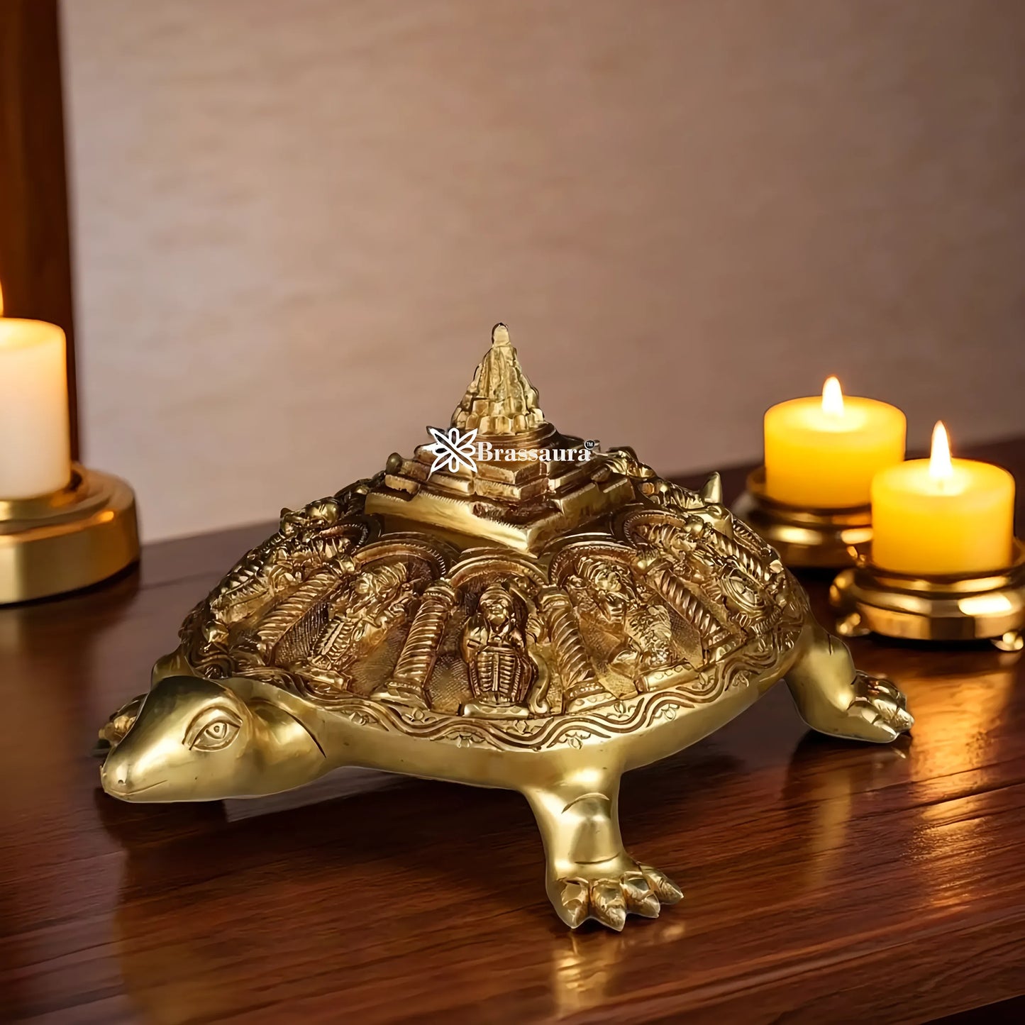 Brassaura™ Brass Dashavatara Vishnu Statue with Shree Yantra & Vastu Tortoise – Height 6" & Weight 6.5 Kgs | Gold Finish