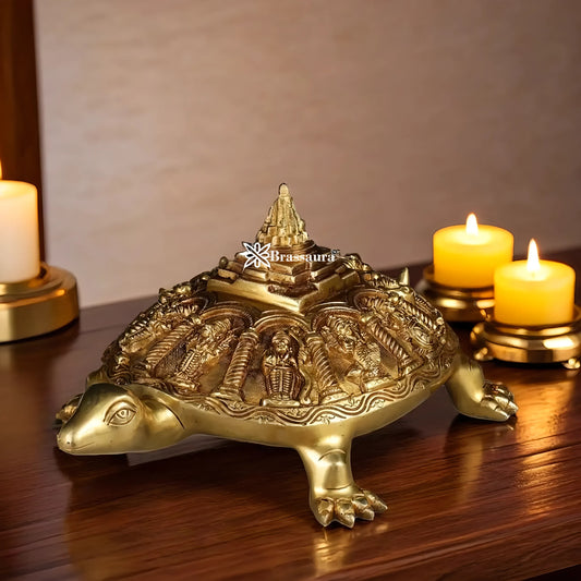 Brassaura™ Brass Dashavatara Vishnu Statue with Shree Yantra & Vastu Tortoise – Height 6" & Weight 6.5 Kgs | Gold Finish