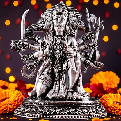 Brassaura™ Pure Brass Silver-Plated Panchmukhi Hanuman Idol – Height 4.5 Inches & Weight 450g | Handcrafted Miniature Idol
