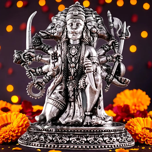 Brassaura™ Pure Brass Silver-Plated Panchmukhi Hanuman Idol – Height 4.5 Inches & Weight 450g | Handcrafted Miniature Idol