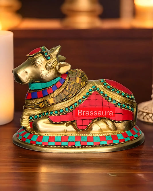 Brassaura™ Brass Nandi Statue with Colorful Natural Stones – Height 6 Inches & Weight 1.8 Kgs | Traditional Temple Idol