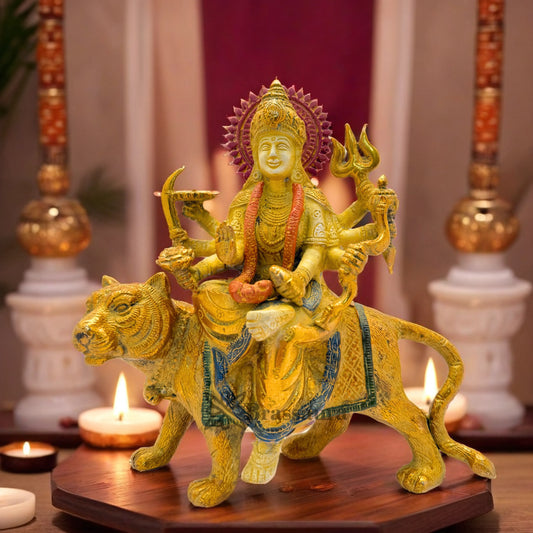 Brassaura™ Brass Multi Colored White & Gold Patina Finish Durga  Height 3.5 Inches & Weight 3 Kgs