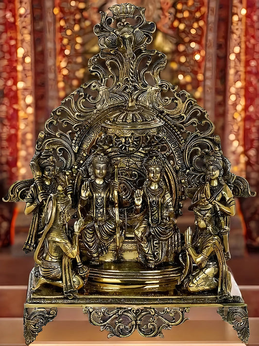Brassaura™ Brass Ram Darbar Statue – Height [Confirm] | Weight 23.5 Kg | Exquisite Ensemble of Lord Ram, Sita, Lakshman & Hanuman