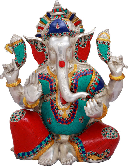 Brassaura™ Silver Finish Ganesha with Meenakari Inlay | Height 20 Inches & Weight 22.60 kgs