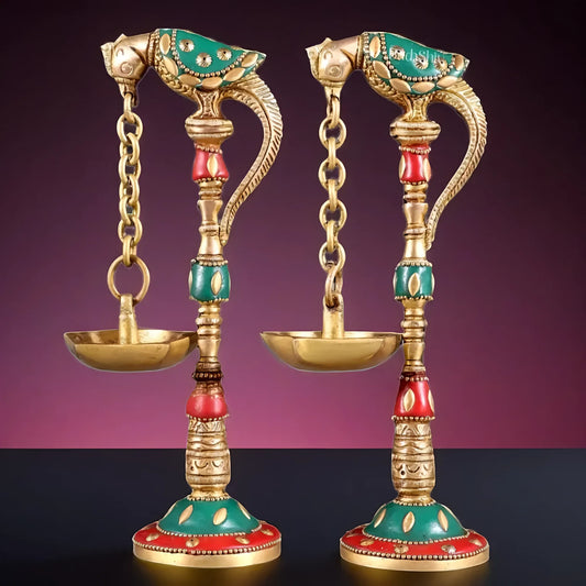 Brassaura™ Brass Parrot Oil Lamps with Stonework – Height 7 Inches | Pair of Traditional Lamps, 1 Kg
