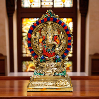 Brassaura™ Brass Gem Stone Work Ganesha Idol for Home and Decor | Weight 1.6 Kgs | Height 7 Inches