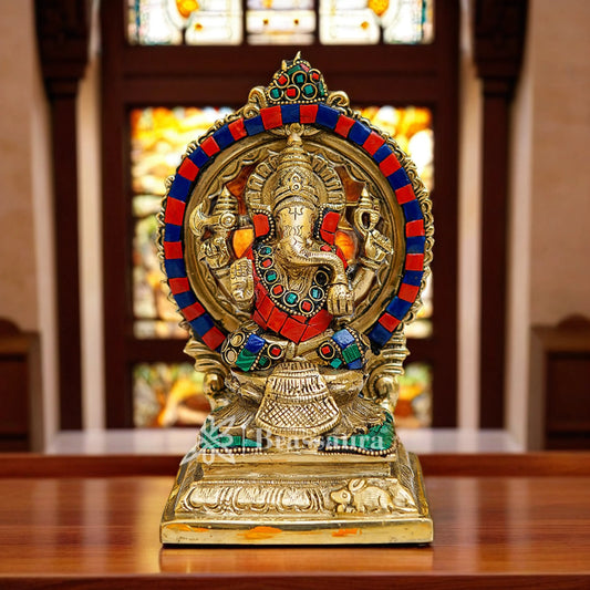 Brassaura™ Brass Gem Stone Work Ganesha Idol for Home and Decor | Weight 1.6 Kgs | Height 7 Inches