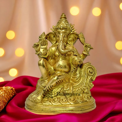 Brassaura™ Brass Chowki Ganesha Statue – Height 13.78 inches & Weight 4.6 kgs | Traditional Ganpati Murti for Home & Pooja Room