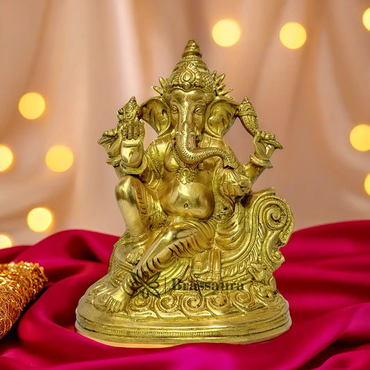 Brassaura™ Brass Chowki Ganesha Statue – Height 13.78 inches & Weight 4.6 kgs | Traditional Ganpati Murti for Home & Pooja Room