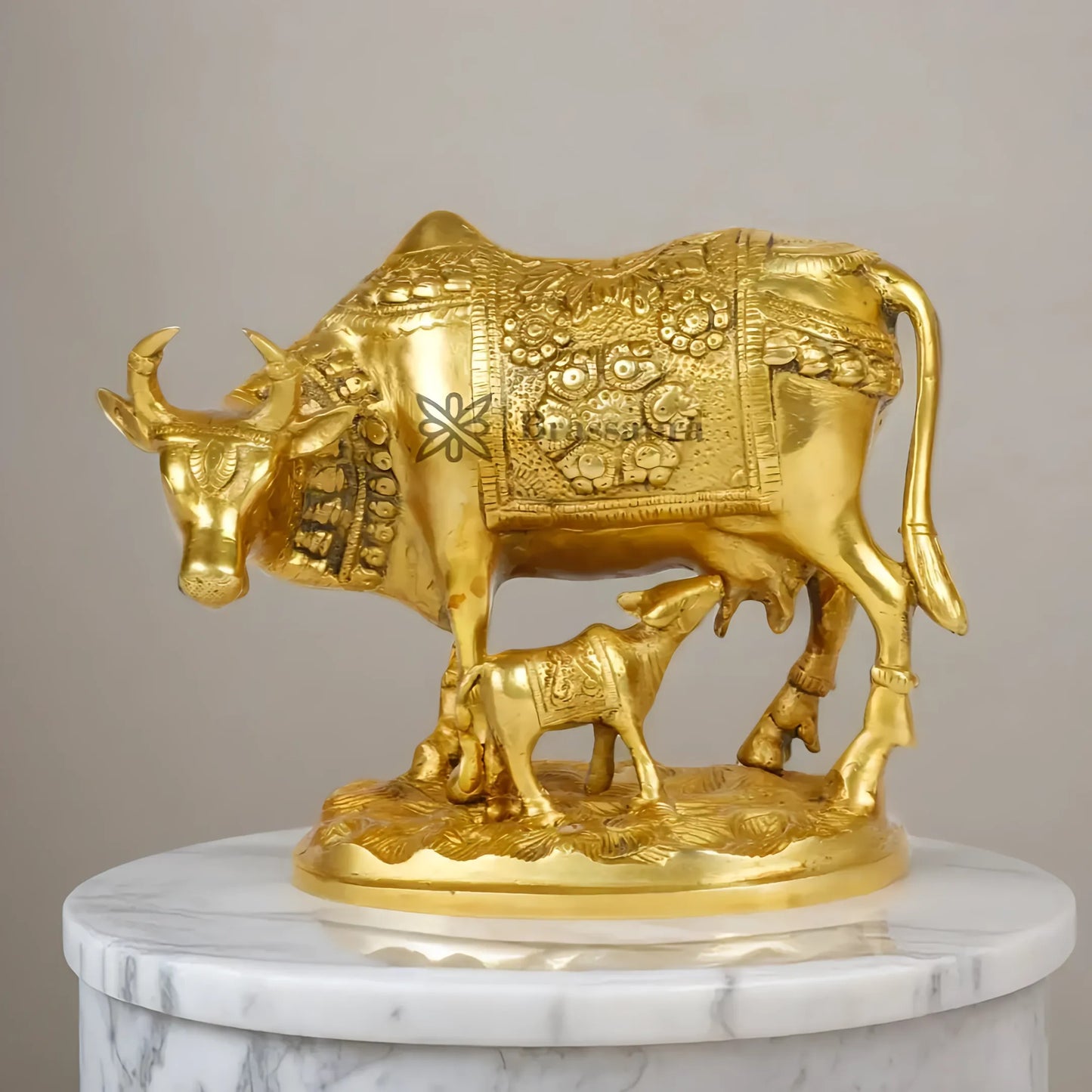Brassaura™ Brass Kamdhenu Cow & Calf Idol – Height 9.2 Inches & Weight 2.8 Kgs | Temple Room & Worship Accent